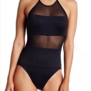 LA BLANCA Black Halter One Piece Mesh Swimsuit